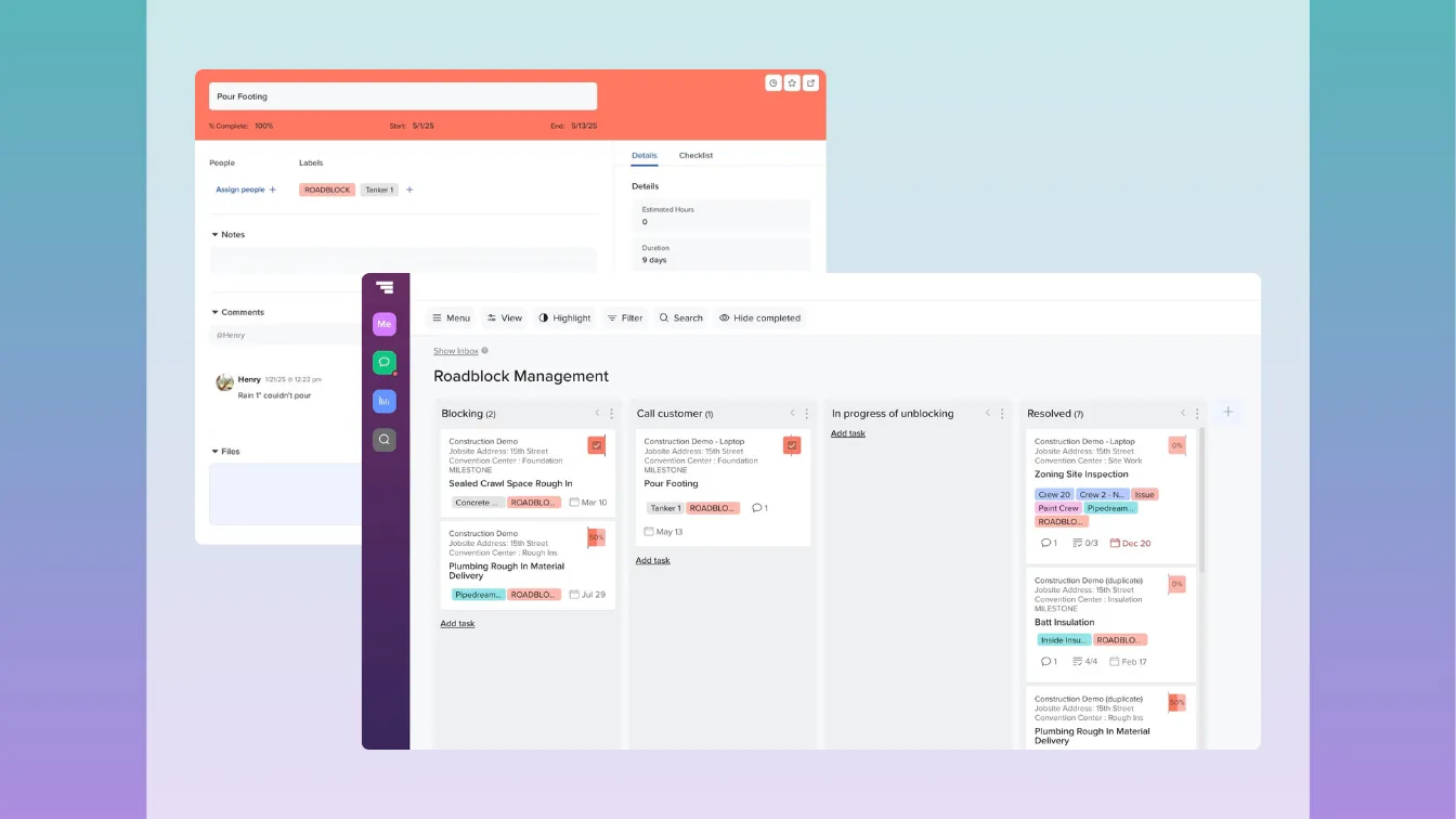 Two overlapping TeamGantt interface views show how to manage project roadblocks using labels and custom board workflows. The upper-left window shows the task details with a red “ROADBLOCK” label applied and a comment noting a weather delay. The larger window in the background displays a custom board titled “Roadblock Management” with four columns: “Blocking,” “Call customer,” “In progress of unblocking,” and “Resolved.” Tasks are tagged with red "ROADBLOCK" labels, helping teams track blockers across projects.